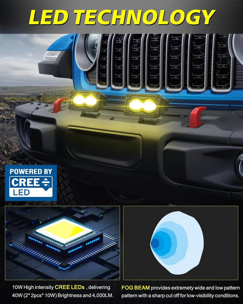 AKD Part 3 Inch SAE Yellow LED Fog Lights 40W CREE LED Pods Cut-off Low Beam DOT Mini Light Pods Yellow Small Offroad Lights Fog Lights 2 Packs for Truck Pickup Motorcycle Dirt Bike SUV UTV ATV - Image 3